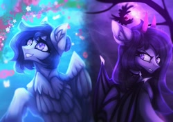 Size: 1479x1048 | Tagged: safe, artist:reminati_27, derpibooru import, oc, oc only, demon, demon pony, pegasus, pony, duality, duo, female, horns, lightning, mare