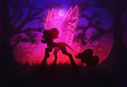 Size: 1720x1185 | Tagged: safe, artist:reminati_27, derpibooru import, oc, oc only, alicorn, pony, alicorn oc, crescent moon, curved horn, horn, leonine tail, moon, night, night sky, outdoors, silhouette, sky, spread wings, tail, transparent horn, transparent wings, tree, wings