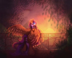 Size: 1104x890 | Tagged: safe, artist:reminati_27, derpibooru import, oc, oc only, pegasus, pony, choker, female, mare, spread wings, sunrise, unshorn fetlocks, wings