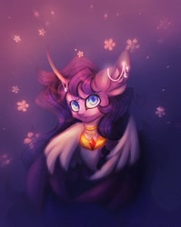 Size: 709x890 | Tagged: safe, artist:reminati_27, derpibooru import, oc, oc only, alicorn, pony, alicorn oc, bust, curved horn, ear piercing, earring, female, horn, horn jewelry, jewelry, mare, necklace, peytral, piercing, wings