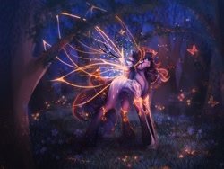 Size: 1156x870 | Tagged: safe, artist:reminati_27, derpibooru import, oc, oc only, butterfly, pony, bracelet, commission, female, forest, glowing, glowing wings, insect wings, jewelry, mare, nature, outdoors, solo, transparent wings, tree, wings