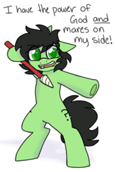 Size: 600x900 | Tagged: safe, artist:php193, derpibooru import, oc, oc only, oc:anon filly, pony, /mlp/, angry, bipedal, dialogue, female, filly, foal, frog (hoof), funny, green eyes, horn pointer, i have the power of god and anime on my side, simple background, solo, text, underhoof, white background