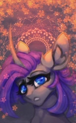 Size: 570x917 | Tagged: safe, artist:reminati_27, derpibooru import, oc, oc only, pony, unicorn, abstract background, bust, curved horn, female, horn, mare, portrait, solo