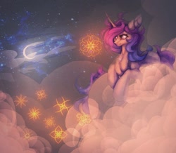 Size: 1168x1018 | Tagged: safe, artist:reminati_27, derpibooru import, oc, oc only, pony, unicorn, chest fluff, cloud, crescent moon, female, horn, mare, moon, night, on a cloud, solo