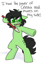 Size: 600x900 | Tagged: safe, alternate version, artist:php193, derpibooru import, oc, oc only, oc:anon filly, earth pony, /mlp/, angry, bipedal, dialogue, female, filly, foal, frog (hoof), funny, green eyes, horn pointer, i have the power of god and anime on my side, simple background, solo, text, underhoof, white background