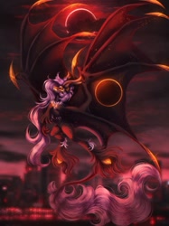 Size: 791x1055 | Tagged: safe, artist:reminati_27, derpibooru import, oc, oc only, demon, demon pony, pony, blood moon, city, cityscape, claws, female, full moon, horns, leonine tail, mare, mask, moon, solo, spread wings, tail, unshorn fetlocks, wings