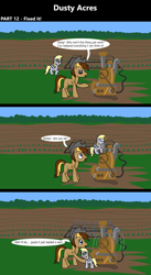 Size: 1920x3516 | Tagged: safe, artist:platinumdrop, derpibooru import, derpy hooves, oc, oc:dusty hooves, earth pony, pegasus, pony, comic:dusty acres, series:technoverse, g4, 3 panel comic, comic, commission, female, filly, foal, outdoors, speech bubble, water pump, younger