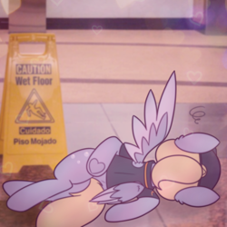 Size: 2664x2664 | Tagged: safe, artist:sodapop sprays, derpibooru import, part of a series, part of a set, derpy hooves, pegasus, pony, series:derpy can't catch a break, g4, family guy death pose, female, indoors, mare, mcdonald's, meme, solo, spanish, wet floor sign