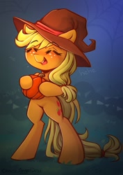 Size: 724x1024 | Tagged: safe, artist:chaosangeldesu, derpibooru import, applejack, earth pony, pony, bipedal, cute, grass, halloween, hat, holiday, jackabetes, mlp fim's fourteenth anniversary, pumpkin, smiling, solo, spider web, witch hat