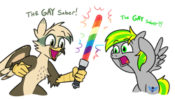 Size: 1489x842 | Tagged: safe, artist:jargon scott, derpibooru import, oc, oc only, oc:dillinger, oc:silver blaze, griffon, pegasus, pony, duo, lightsaber, rainbow colors, shocked, simple background, star wars, weapon