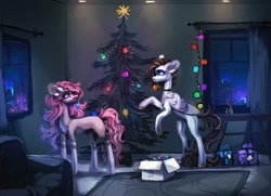 Size: 1080x780 | Tagged: safe, artist:h1mmu, artist:reminati_27, derpibooru import, oc, oc only, pegasus, pony, unicorn, choker, christmas, christmas lights, christmas tree, city, decorating, duo, female, holiday, horn, indoors, mare, mouth hold, night, present, rearing, tree