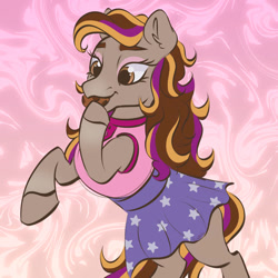 Size: 894x894 | Tagged: safe, artist:cupute, derpibooru import, horse, clothes, cookie, dreamer (wild manes), eating, eyeshadow, female, food, makeup, mare, skirt, solo, wild manes