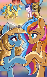 Size: 3200x5150 | Tagged: safe, artist:floralshitpost, derpibooru import, oc, oc only, oc:fair flyer, oc:golden gates, pegasus, pony, unicorn, blushing, convention, female, hat, hoof hold, horn, hot air balloon, lesbian, love, male, mare, mare fair, mascot, oc x oc, shipping, stallion