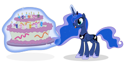 Size: 1976x979 | Tagged: safe, artist:jp, derpibooru exclusive, derpibooru import, princess luna, alicorn, pony, g4, .svg available, cake, candle, crown, female, food, glowing, glowing horn, hoof shoes, horn, jewelry, magic, mare, mlp fim's fourteenth anniversary, regalia, simple background, solo, svg, telekinesis, tongue, tongue out, transparent background, vector