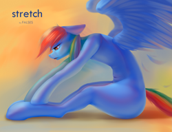 Size: 2079x1596 | Tagged: safe, artist:falses, derpibooru import, rainbow dash, pegasus, pony, g4, cute, digital art, ears, eyes open, female, floppy ears, gradient background, high res, looking at something, looking down, mare, shading, sketch, solo, spread legs, spread wings, spreading, stretching, thighs, wings