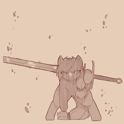 Size: 1200x1200 | Tagged: safe, artist:cold-blooded-twilight, derpibooru import, applejack, earth pony, pony, g4, aura, bipedal, frown, glowing, glowing eyes, monochrome, sketch, spread legs, spreading, sword, weapon, zweihander