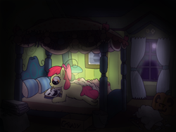 Size: 2000x1500 | Tagged: safe, artist:hach, derpibooru import, apple bloom, earth pony, ghost, pony, spider, undead, g4, bed, bedroom, blanket, box, bucket, cardboard box, cloth, curtains, decoration, drawing, dust motes, female, filly, foal, garland, halloween, holiday, jack-o-lantern, lamp, lying down, marker, moonlight, mouth hold, paper, pen, pencil, pillow, prone, pumpkin, room, ruler, scissors, solo