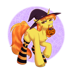 Size: 2503x2400 | Tagged: oc name needed, safe, artist:enderbee, derpibooru import, oc, oc only, pony, unicorn, candy, clothes, female, food, full body, halloween, hat, holiday, horn, mare, pumpkin bucket, solo, stockings, thigh highs