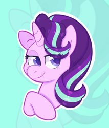 Size: 1468x1720 | Tagged: safe, artist:sinnocturnal, derpibooru import, starlight glimmer, pony, unicorn, g4, bust, eye clipping through hair, female, green background, horn, looking at you, mare, portrait, simple background, smiling, solo, zoom layer