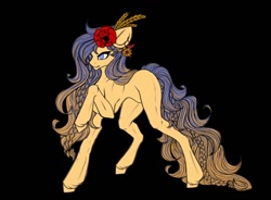 Size: 1080x794 | Tagged: safe, alternate version, artist:reminati_27, derpibooru import, oc, oc only, earth pony, pony, black background, braid, braided tail, ear piercing, earring, female, flower, flower in hair, jewelry, mare, piercing, simple background, solo, tail