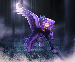 Size: 1080x890 | Tagged: safe, artist:reminati_27, derpibooru import, oc, oc only, pony, antlers, clothes, crescent moon, eye scar, facial scar, fog, forest, moon, nature, scar, solo, spread wings, tree, wings