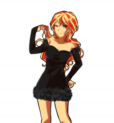 Size: 1834x1976 | Tagged: safe, artist:dusknebula, derpibooru import, sunset shimmer, human, equestria girls, g4, bare shoulders, black dress, breasts, cleavage, clothes, detached sleeves, dress, ear piercing, earring, eyebrows, eyebrows visible through hair, female, hand on hip, jewelry, lidded eyes, looking at you, piercing, raised eyebrow, simple background, smiling, solo, strapless, white background