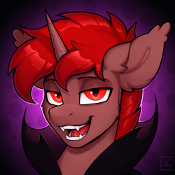 Size: 2265x2265 | Tagged: safe, alternate version, artist:argigen, derpibooru import, oc, oc:hardy, alicorn, bat pony, pony, undead, vampire, bust, cloak, clothes, cosplay, costume, ear fluff, ears, fangs, halloween, halloween costume, high res, holiday, looking at you, male, open mouth, portrait, race swap, solo, stallion