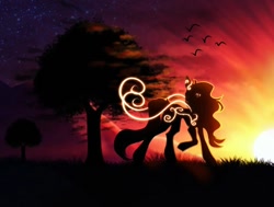 Size: 1080x815 | Tagged: safe, artist:reminati_27, derpibooru import, oc, oc only, bird, pony, commission, female, mare, silhouette, sunset, tree