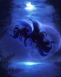 Size: 820x1025 | Tagged: safe, artist:reminati_27, derpibooru import, oc, oc only, pegasus, pony, commission, flying, full moon, moon, night, palindrome get, silhouette, solo