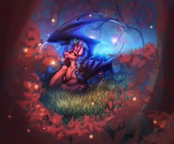 Size: 1080x894 | Tagged: safe, artist:reminati_27, derpibooru import, oc, oc only, bat pony, pony, female, flower, flower in hair, forest, lying down, mare, nature, prone, solo, spread wings, tree, wings