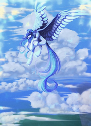 Size: 640x883 | Tagged: safe, artist:reminati_27, derpibooru import, oc, oc only, pegasus, pony, cloud, female, flying, mare, solo, spread wings, unshorn fetlocks, wings