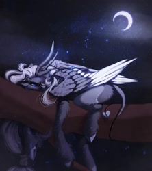 Size: 1046x1177 | Tagged: safe, artist:reminati_27, derpibooru import, oc, oc only, pony, crescent moon, devil tail, horns, in a tree, lying down, moon, night, prone, solo, tail, tree, unshorn fetlocks, wings