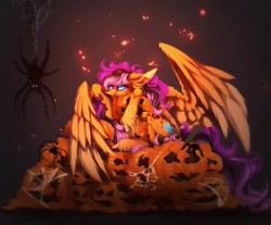 Size: 1080x893 | Tagged: safe, artist:reminati_27, derpibooru import, oc, oc only, pegasus, pony, spider, commission, fangs, female, halloween, holiday, jack-o-lantern, mare, pumpkin, solo, spread wings, wings, ych result