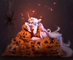 Size: 1080x893 | Tagged: safe, artist:reminati_27, derpibooru import, oc, oc only, pony, spider, unicorn, blood, commission, fangs, female, halloween, holiday, horn, jack-o-lantern, mare, pumpkin, solo, ych result