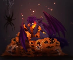 Size: 1080x893 | Tagged: safe, artist:reminati_27, derpibooru import, oc, oc only, bat pony, pony, spider, blood, commission, fangs, halloween, holiday, jack-o-lantern, pumpkin, solo, ych result