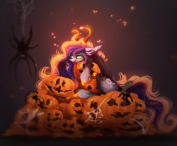 Size: 1080x893 | Tagged: safe, artist:reminati_27, derpibooru import, oc, oc only, pony, spider, blood, commission, fangs, female, halloween, holiday, horns, jack-o-lantern, mare, pumpkin, slit eyes, solo, unshorn fetlocks, ych result