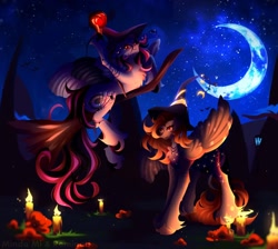 Size: 1440x1290 | Tagged: safe, artist:mindami, artist:reminati_27, derpibooru import, oc, oc only, oc:reminati, pegasus, pony, bracelet, broom, candle, chest fluff, claws, clothes, costume, crescent moon, duo, eye scar, facial scar, female, flying, flying broomstick, halloween, halloween costume, hat, jewelry, mare, moon, necklace, night, scar, unshorn fetlocks, witch costume, witch hat