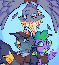 Size: 1520x1680 | Tagged: safe, artist:kreeeeeez, derpibooru import, derpy hooves, gabby, spike, dragon, griffon, pegasus, pony, g4, clothes, cute, feather, female, fin ears, golden eyes, gray coat, gray feathers, green eyes, hat, looking up, mailmare, mailpony, male, mare, open mouth, raised claw, raised hand, smiling, spread wings, tan mane, trio, uniform, upside down, wings