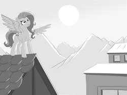 Size: 8000x6000 | Tagged: safe, artist:irschy, derpibooru import, fluttershy, pegasus, pony, g4, absurd resolution, black and white, female, grayscale, inktober, inktober 2024, looking up, mare, monochrome, rooftop, solo, spread wings, sun, wings