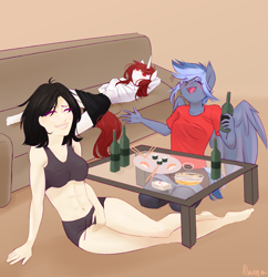 Size: 4500x4641 | Tagged: safe, artist:vinetta, derpibooru import, oc, oc only, oc:pixi feather, oc:riizatensely, anthro, human, pegasus, plantigrade anthro, unicorn, alcohol, belly, belly button, breasts, clothes, drink, eyes closed, female, food, horn, sofa, spread wings, sushi, table, wings