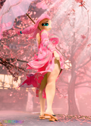 Size: 2800x3840 | Tagged: safe, artist:velvetcharm, derpibooru import, fluttershy, anthro, pegasus, plantigrade anthro, g4, 3d, blender, blender cycles, cherry blossoms, clothes, female, flower, flower blossom, flowing hair, flowing mane, geta, high res, kimono (clothing), shoes