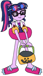 Size: 1941x3405 | Tagged: safe, artist:christian soto, derpibooru import, sci-twi, twilight sparkle, better together, equestria girls, forgotten friendship, g4, clothes, equestria girls specials, flippers, glasses, goggles, halloween, holiday, pumpkin bucket, simple background, swimsuit, towel, transparent background, trick or treat, water wings