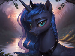 Size: 8192x6144 | Tagged: source needed, safe, ai content, derpibooru import, machine learning generated, princess luna, alicorn, pony, g4, 4k, bedroom eyes, blushing, female, forest, forest background, high res, in water, looking at you, mare, nature, outdoors, prompter needed, prompter:molagbal, river, shy, smiling, smiling at you, solo, sunset, tree, upper body, water, wet, wet mane