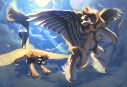 Size: 1440x989 | Tagged: safe, artist:reminati_27, artist:shidoodles, derpibooru import, oc, oc only, oc:reminati, pegasus, pony, duo, ear piercing, earring, feathered fetlocks, female, fetlock tuft, flying, jewelry, leonine tail, mare, piercing, tail, tongue, tongue out