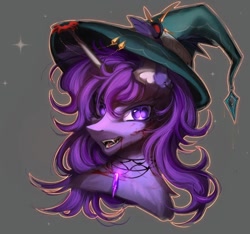 Size: 1080x1012 | Tagged: safe, artist:reminati_27, derpibooru import, oc, oc only, pony, unicorn, blood, bust, commission, ear piercing, earring, fangs, female, gray background, hat, horn, jewelry, mare, necklace, piercing, portrait, simple background, slit eyes, solo, witch hat, ych result