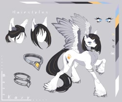 Size: 1080x909 | Tagged: safe, artist:reminati_27, derpibooru import, oc, oc only, oc:kazy, pegasus, pony, bracelet, ear piercing, earring, female, jewelry, mare, peytral, piercing, reference sheet, solo, spread wings, unshorn fetlocks, wings