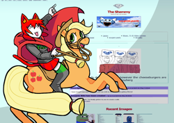 Size: 4960x3508 | Tagged: safe, anonymous artist, derpibooru import, applejack, earth pony, human, pony, boots, bridle, cape, catgirl, clothes, crossover, duo, female, females only, fine art parody, gem, hat, mare, meme, on hind legs, pepe the frog, riding, riding a pony, shoes, skirt, smiling, soyjak, sweater, tack, tama, wojak