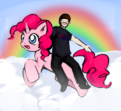 Size: 1208x1109 | Tagged: safe, anonymous artist, derpibooru import, pinkie pie, human, pony, unicorn, barneyfag, blank flank, blushing, cloud, duo, facial hair, female, flying, happy, horn, male, mare, moustache, race swap, rainbow, riding, riding a pony, smiling, unicorn pinkie pie, wat