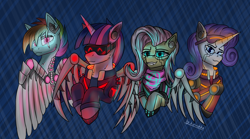 Size: 6302x3508 | Tagged: safe, artist:kirieshka, derpibooru import, fluttershy, rainbow dash, rarity, twilight sparkle, alicorn, pegasus, pony, unicorn, g4, amputee, artificial wings, augmented, clothes, cyberpunk, cyberpunk 2077, eye implant, female, goggles, headphones, headset, horn, implants, mechanical wing, microphone, multicolored mane, neon, prosthesis, prosthetic limb, prosthetics, safety goggles, visor, wings