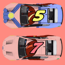 Size: 3464x3464 | Tagged: safe, artist:screaming luigi racing, derpibooru exclusive, derpibooru import, screencap, oc, oc only, oc:espie pantomimia, oc:estella pantomimia, earth pony, car, duo, duo female, elements of justice, female, ford dark horse, nascar, photo, siblings, twins